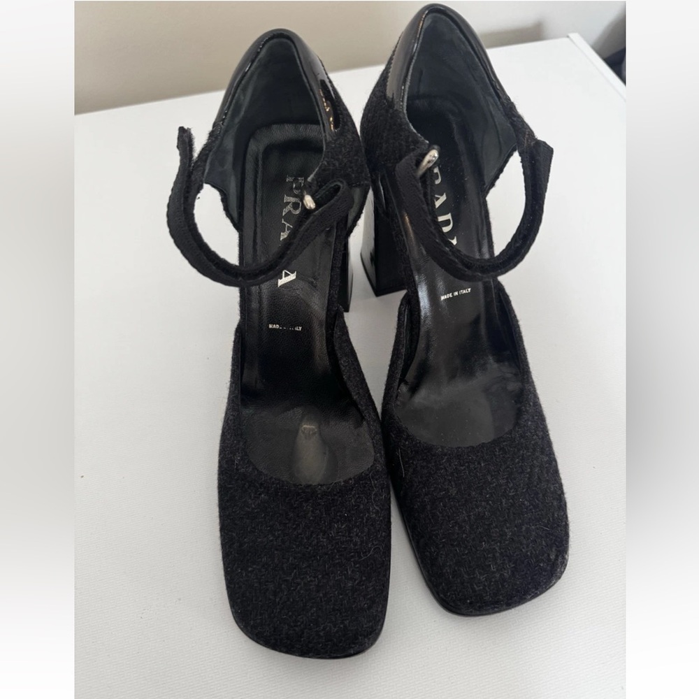 Prada Vintage 90s Black Wool Mary Jane Block Heels with Ankle Strap 38 8 - Picture 4 of 10